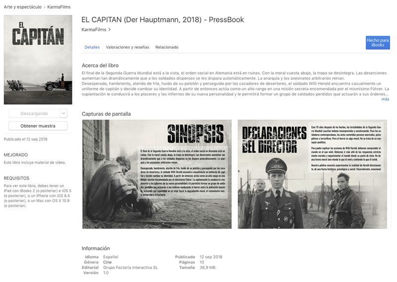 Pressbook multimedia en Ibook Store de la película El Capitán (Der Hauptmann, 2018) para KarmaFilms